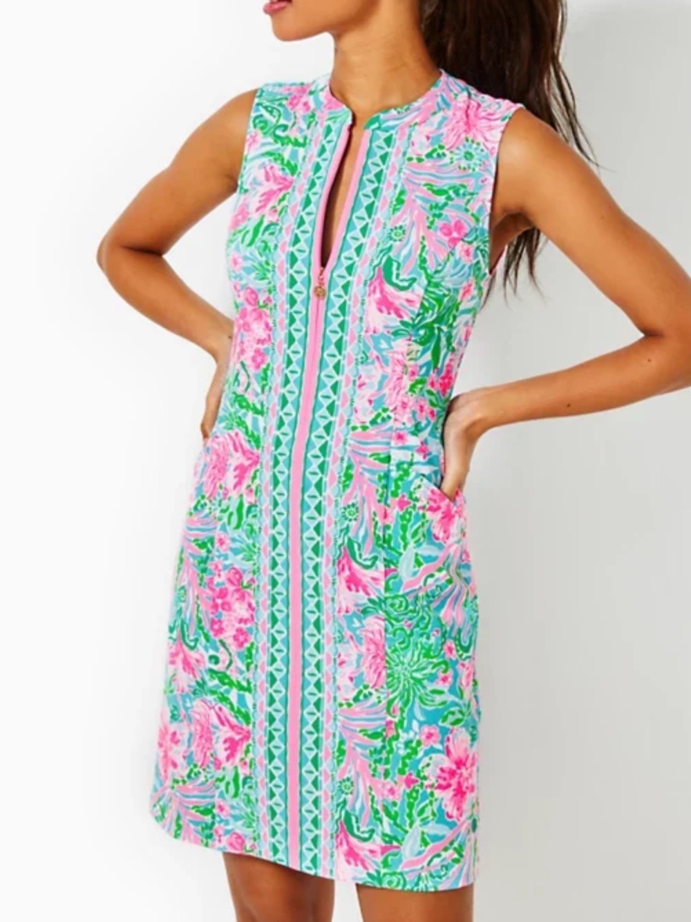Lilly Pulitzer Courtney Almafi Blue Floral Zip-Front Engineered Golf Dress